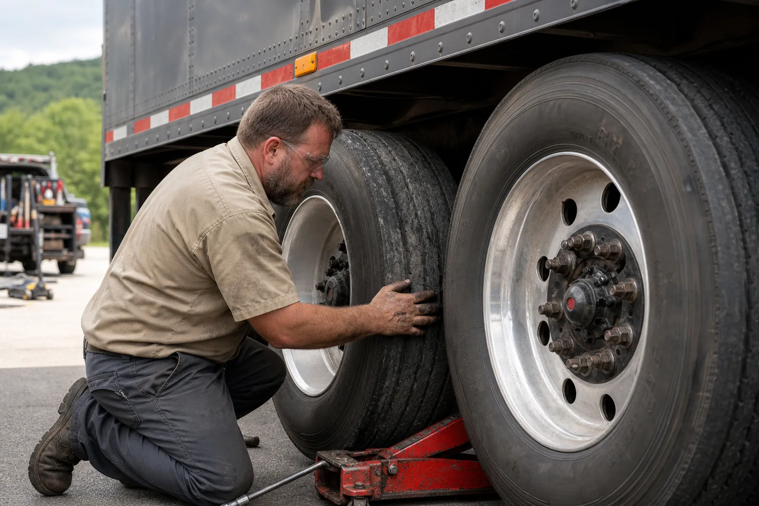 Semi truck tire service yard