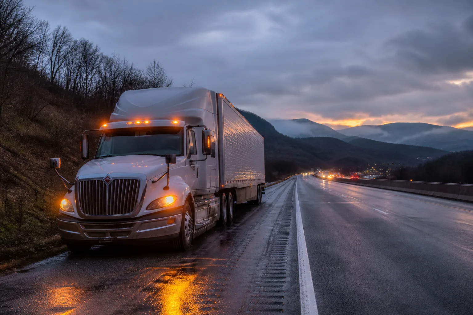 Semi truck roadside breakdown dusk