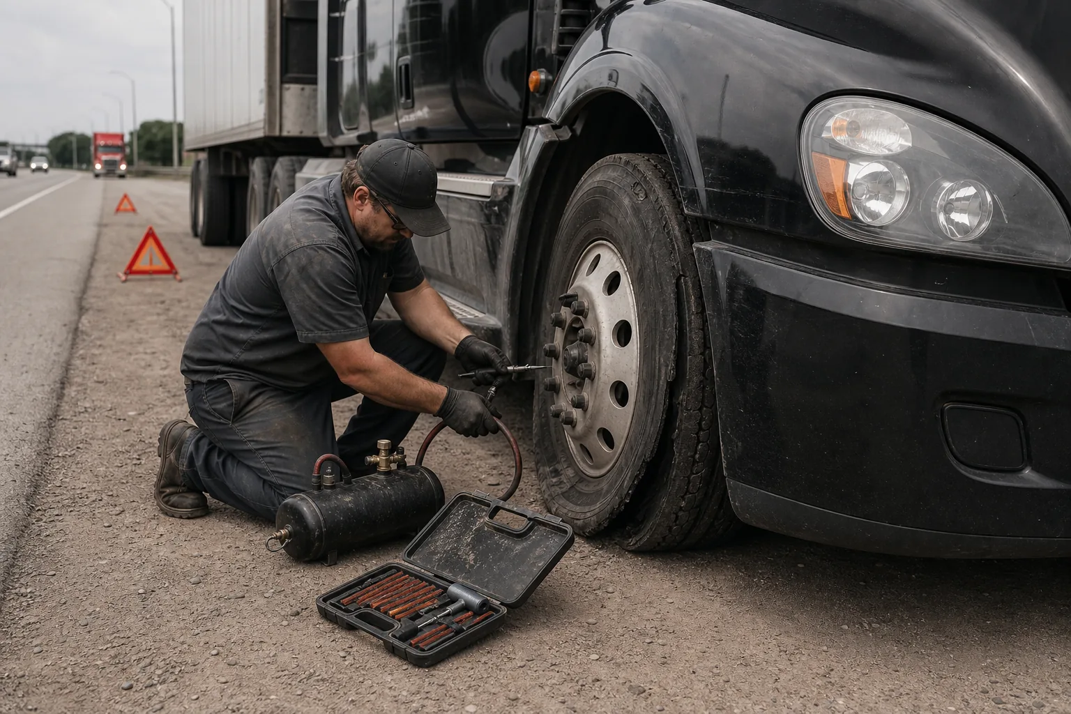 Semi truck flat tire repair